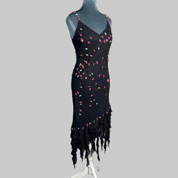 Cache Dresses & Skirts - Y2K gothic fairycore beaded silk ribbon flower asymmetrical ruffle fringe dress